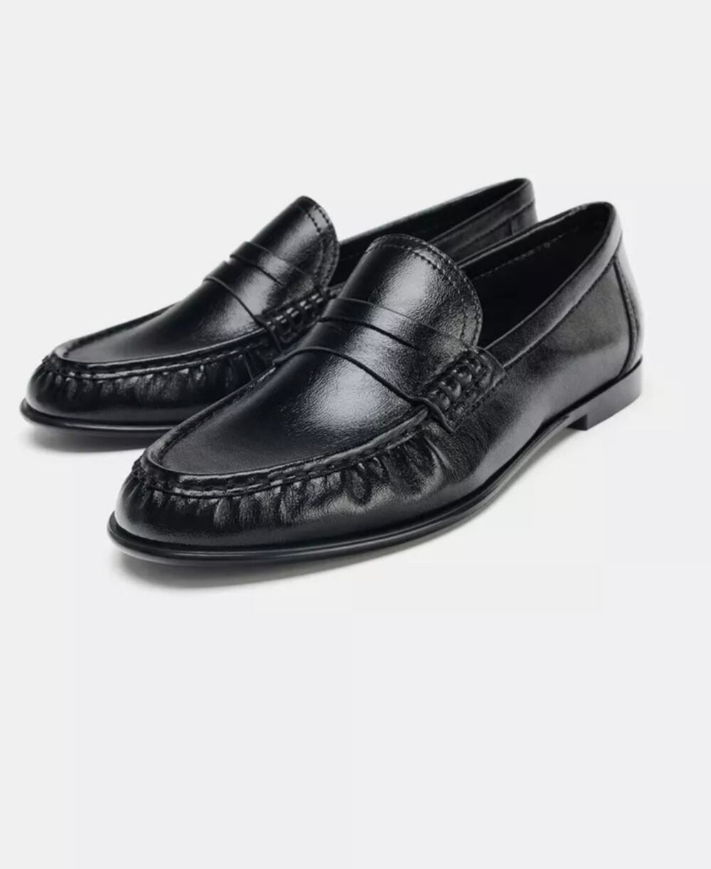 Zara Black Leather Ruched Loafers